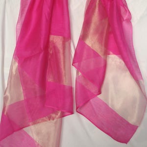 Pretty lipstick Pink with gold strip 100% silk organza wrap or scarf