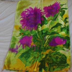 Bright pink flowers on rich yellow and tropical green silk satin scarf