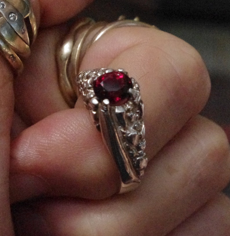Natural Rhodolite Garnet in Boulder design Sterling Silver Ring