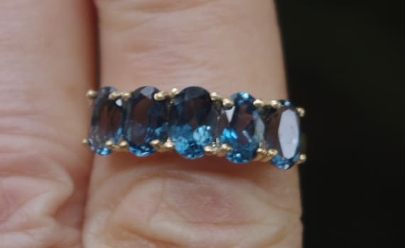 Five Natural London Blue Topaz in 10kt Solid Gold Ring