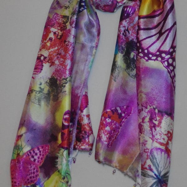 Bold butterflies on mauve purple background silk satin scarf