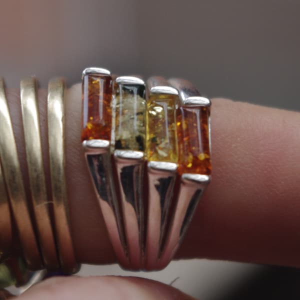 Natural Four Stone Baltic Amber in Polish Design Sterling Silver Ring