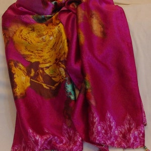Bright pink with yellow bouquet silk satin scarf