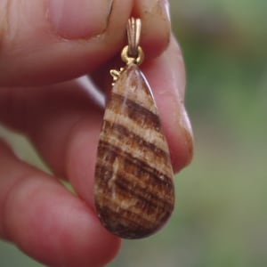 May include: A teardrop-shaped pendant made of brown and white striped agate with a gold-tone bail.