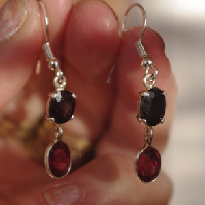 Natural Black Sapphire and Garnet drops on Sterling Silver earrings