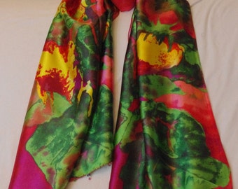 Red sunflowers with dark apricot background silk satin scarf