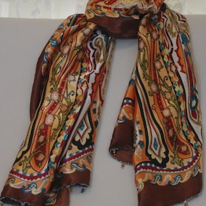 Brown paisley satin silk scarf - handbeaded