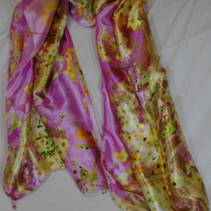 Yellow blossom on pretty pink background silk satin scarf