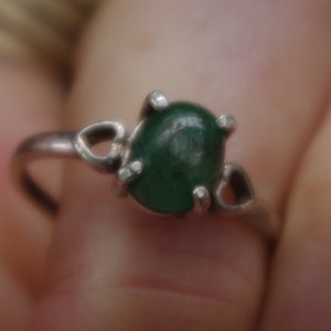 Natural Green Jade in Sterling Silver Ring with hearts