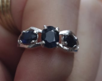 Three Natural Midnight Blue Sapphire in Sterling Silver Ring