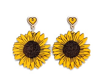 Large Yellow Sunflower Earrings | Blossom Earrings, Flower Earrings, Summer Earrings, Lasercut Wooden Earrings, Big Earrings, For Women