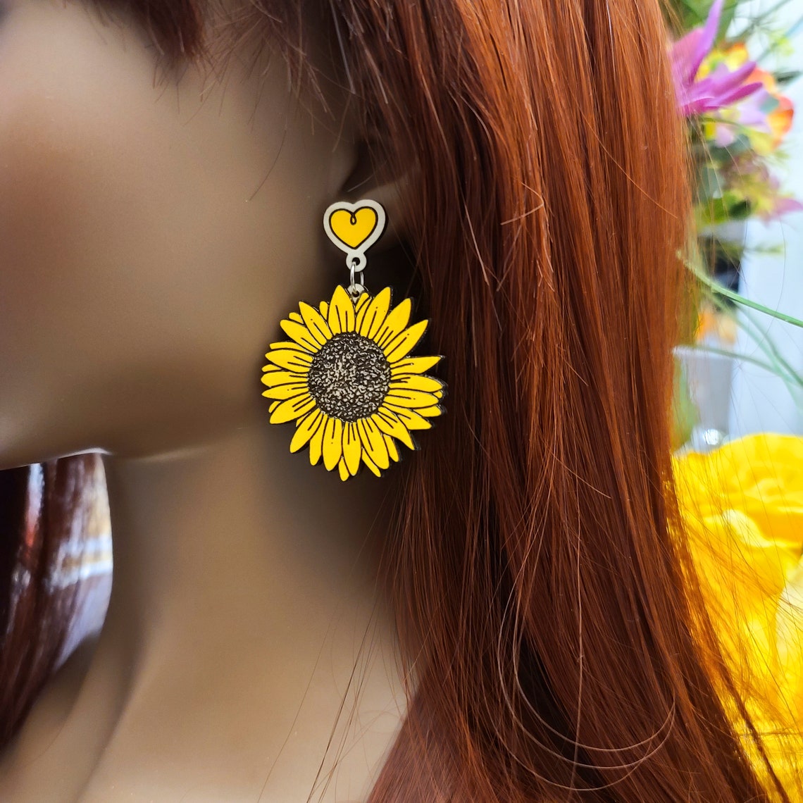Yellow Sunflower Earrings Sunflower Drop Earrings Flower Etsy