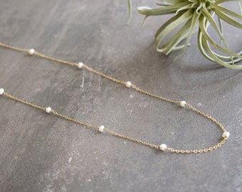 Pearl chain necklace, pearl and gold necklace, gold layered necklace, delicate pearl, long pearl necklace, layering jewelry, wire wrapped