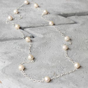 Sterling silver pearl necklace, long pearl necklace, tin cup pearl necklace, silver layered, pearl chain necklace,  silver and pearl