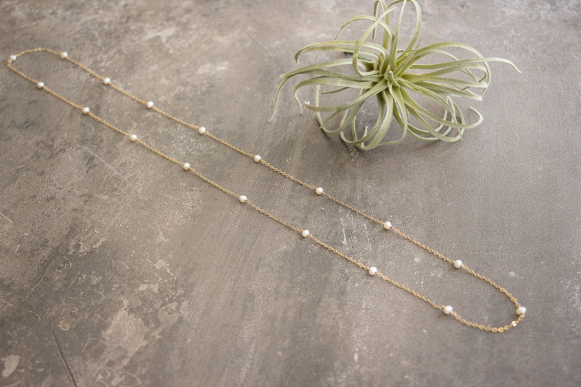 Pearl Chain Necklace, Pearl and Gold Necklace, Gold Layered Necklace, Delicate Pearl, Long Pearl ...