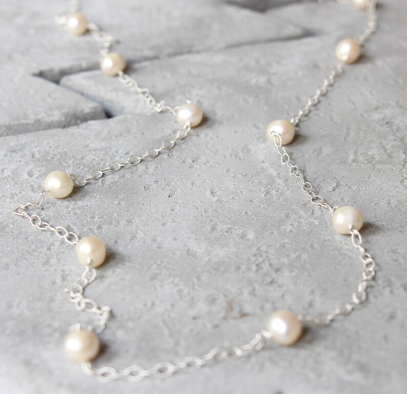 Sterling Silver Pearl Necklace Long Pearl Necklace Pearl Etsy