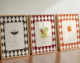 Set Of 3 Cocktail Wall Art Prints, Espresso Martini, Spicy Marg, Aperol Spritz