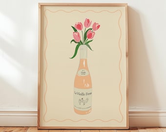 Impresión de pollo, vino y tulipanes: arte de pared de cocina de moda