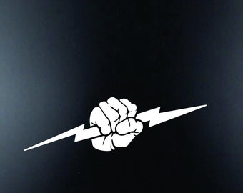 Electrician / Lineman Fist with Lightening bolt 3&quot; x 7/8&quot; Die cut white vinyl window decal for helmet