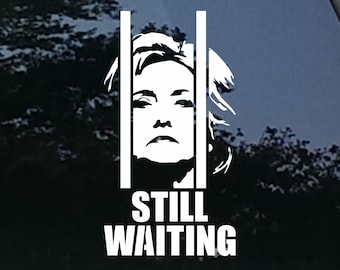 May include: White vinyl sticker with a silhouette of a woman's face behind bars and the text "STILL WAITING".