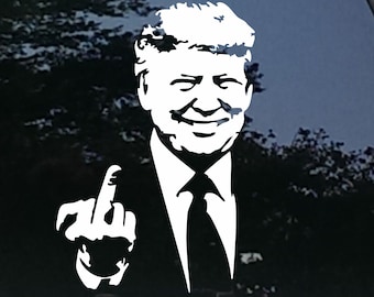 May include: White vinyl sticker of a man in a suit giving the middle finger. The man has a serious expression on his face.
