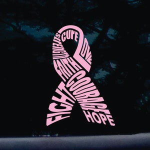 Puede incluir: Pegatina en forma de cinta rosa con las palabras "Fight", "Faith", "Courage", "Hope", "Strength", "Love" y "Cure" escritas dentro de la cinta.