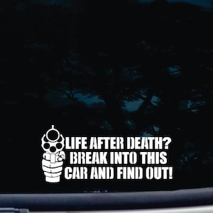 Life after death? Break into this car and find out! - funny die cut vinyl window decal  [a-1932]