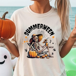 Summerween Skelton Comfort Color Tshirt Funny Spooky Halloween Summer Tshirt Skeleton On A Beach Chair Tropical Drink Creepy Pool Party Tee