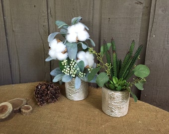 Farmhouse cotton bolls and lambs ear or succulent arrangement in cement birch pot/cement birch pots/cotton boll/ faux succulent arrangements