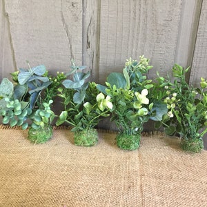 May include: Six small artificial greenery arrangements in pots. Each arrangement features a mix of green leaves and white flowers.