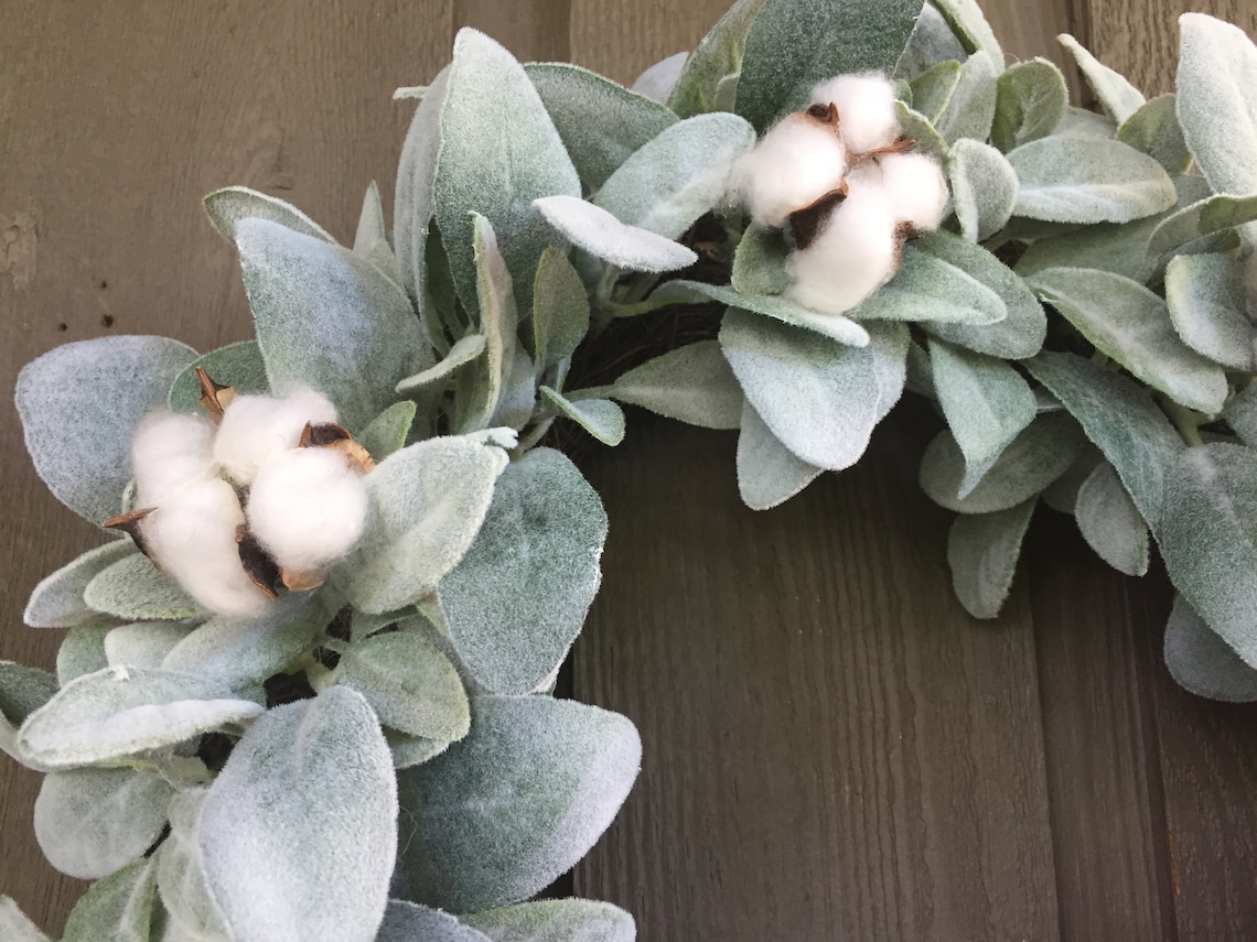 17”-18” Lambs Ear and Cotton Bolls Farmhouse Wreath/ Farmhouse Wreath ...