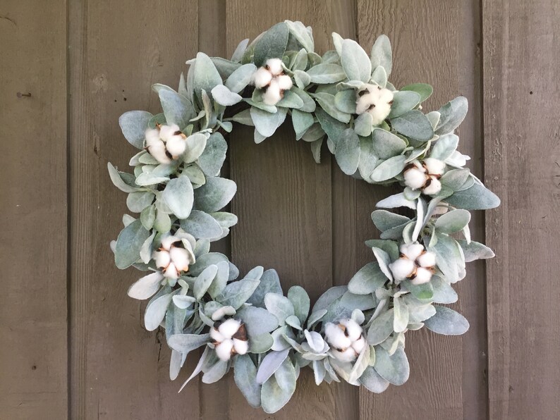 17”-18” Lambs Ear and Cotton Bolls Farmhouse Wreath/ Farmhouse Wreath ...
