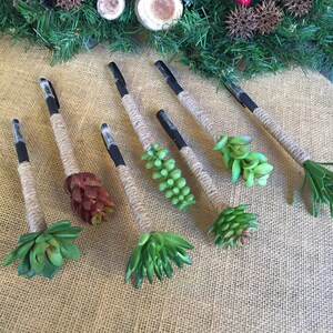 May include: Seven black pens wrapped in twine with a variety of green and brown succulent plants attached to the top.