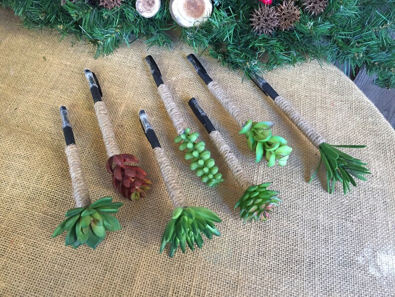 May include: Seven black pens wrapped in twine with a variety of green and brown succulent plants attached to the top.