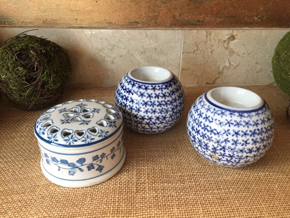 3 Vintage blue and white trinket box and candle holders/vintage tea light holder/vintage blue white decor/ceramic blue white trinket box