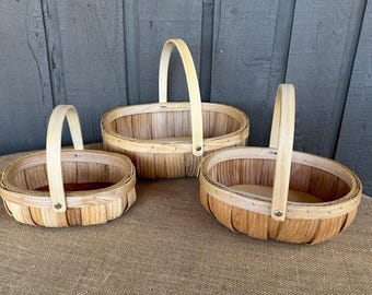 Wooden Farmhouse harvest basket with swing handle egg hunting
