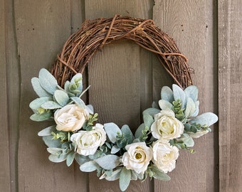 Lambs ear, eucalyptus and ivory roses wreath/ lambs ear decor/ eucalyptus wreath/ romantic wreath/ wedding wreath/ spring and summer wreath