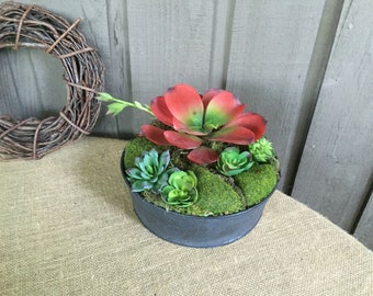 Modern Faux Succulent Arrangement, Red Exotic Centerpiece