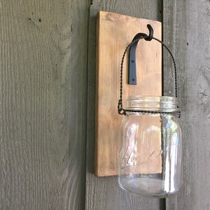 Hanging mason jar/ rustic home decor/ wood hanger for jar/ jar hanger/ wood with hook for hanging jar/farmhouse hanging jar holder/mason jar image 1