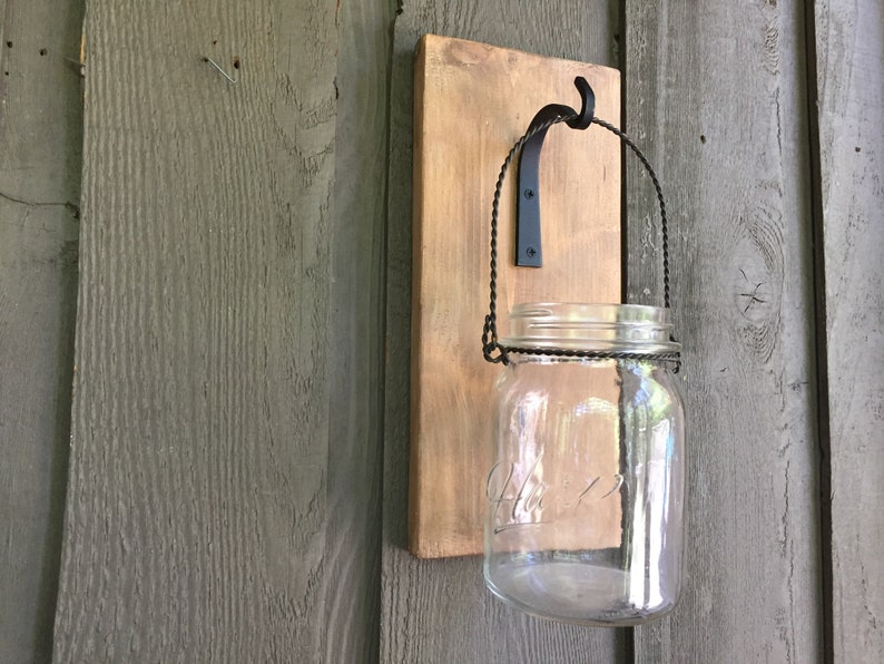 Hanging mason jar/ rustic home decor/ wood hanger for jar/ jar hanger/ wood with hook for hanging jar/farmhouse hanging jar holder/mason jar image 1