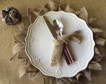 Burlap farmhouse chargers rustic tablescaping neutral color