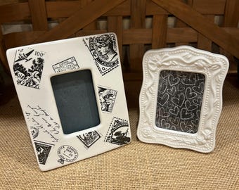 Set of 2 Vintage Porcelain Small Photo Frames~White Ceramic Heart Frame and Black & White Postcard French Country Stamp Frame