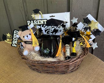 Large graduation basket with teddy bear, money/candy holders, cake topper