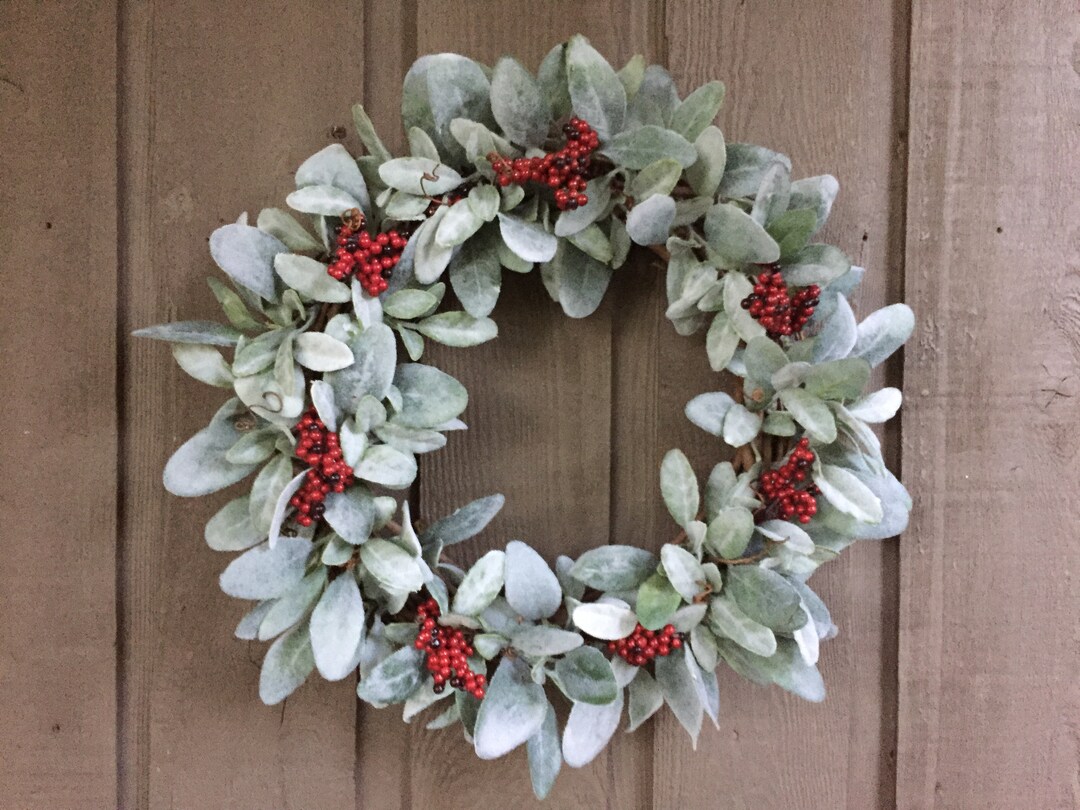 15 Lambs Ear Farmhouse Christmas Wreath With Red Berries/farmhouse ...