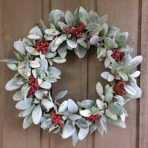 15” lambs ear Christmas wreath with red berries farmhouse lambs ear wreath front door wreath entryway wreath decor mantle lambs ear wreath