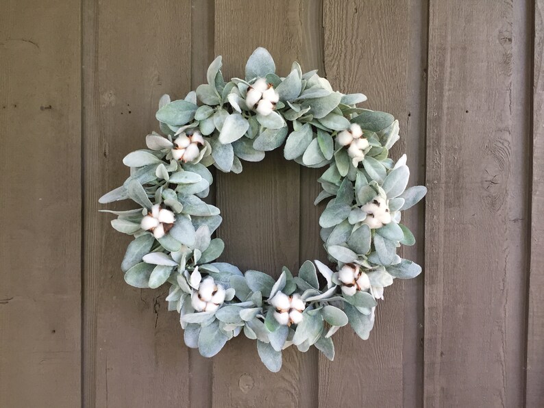 17”-18” Lambs Ear and Cotton Bolls Farmhouse Wreath/ Farmhouse Wreath ...