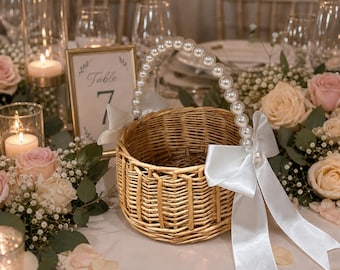 Pearl handle Flower girl basket natural woven