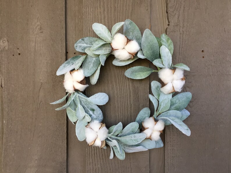 1011 Lambs ear and cotton bolls wreath fits small Etsy