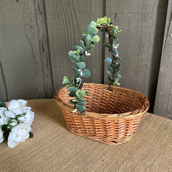 Flower girl basket/ basket for flower girl/ eucalyptus and pearls trimmed basket/ eucalyptus basket/ natural basket with pearls on handle