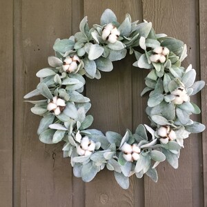 17”-18” Lambs Ear and Cotton Bolls Farmhouse Wreath/ Farmhouse Wreath ...
